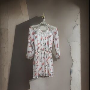 White Dress with Feather Print
